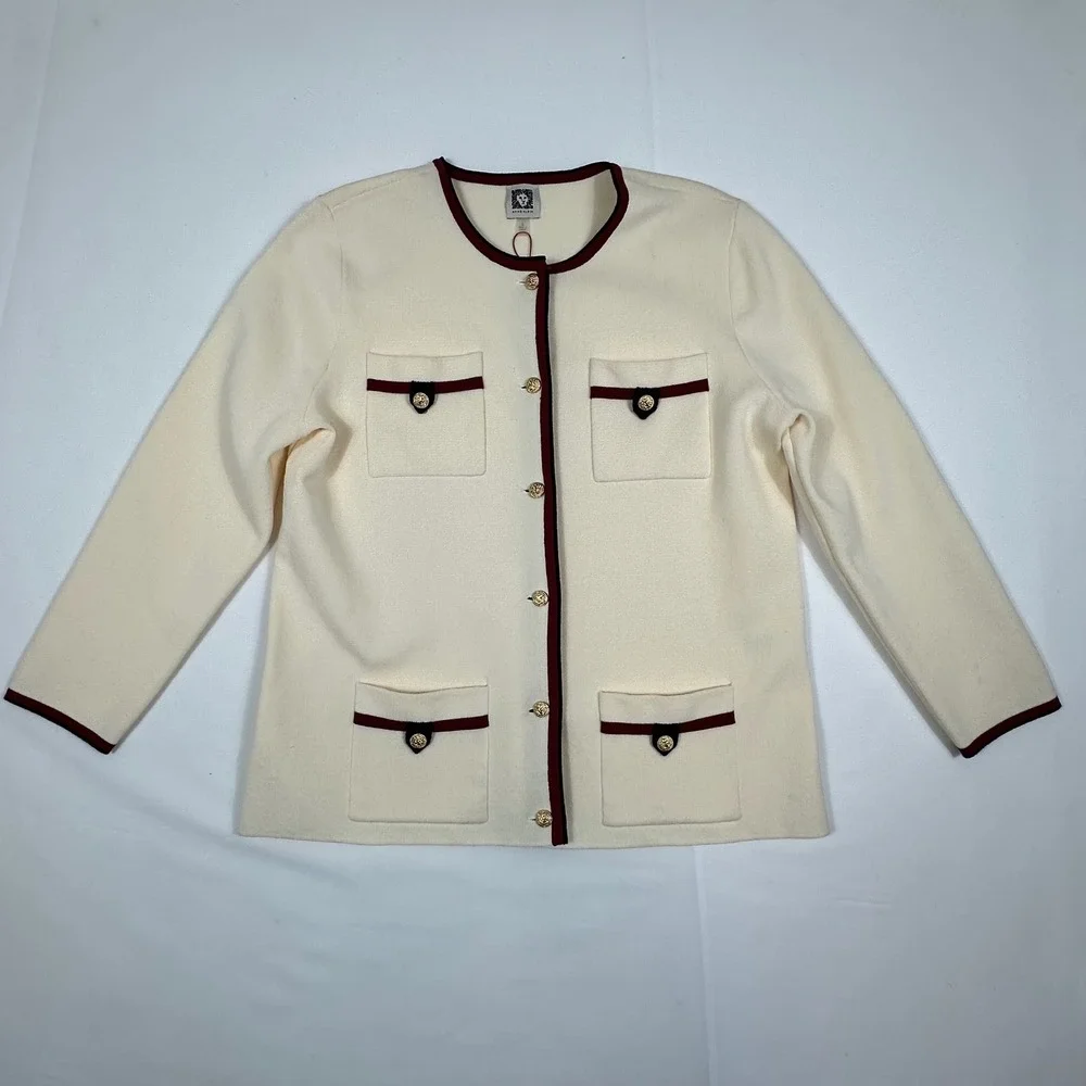 Anne Klein Cream Knit‎ Cardigan Burgundy Trim Gold Lion Button Lady Jacket Small